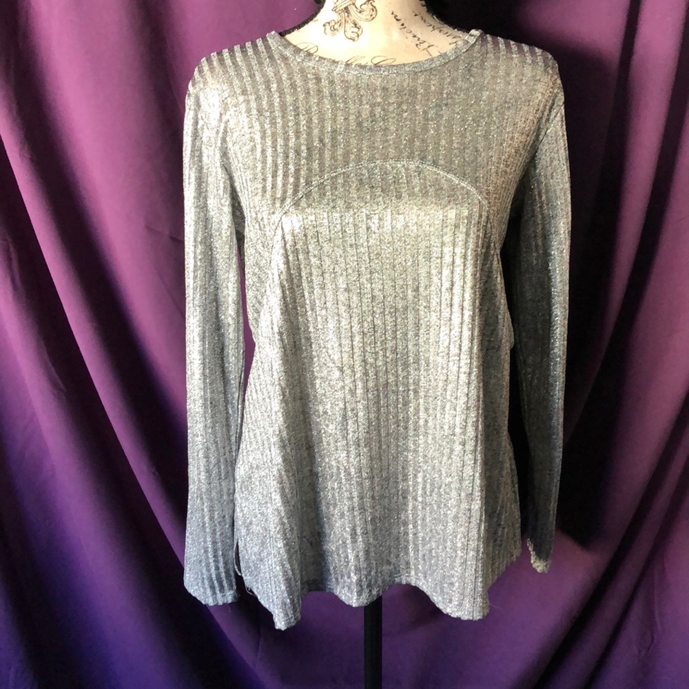 Silver semi sheer long sleeve crew neck shirt